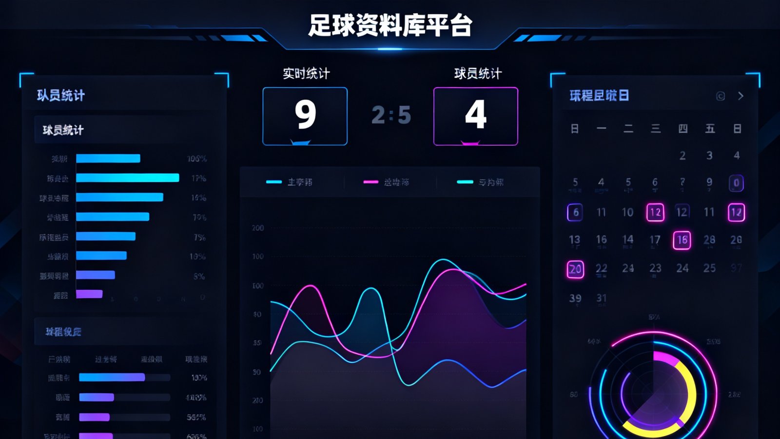 足球资料库平台的数据仪表盘界面，展示实时比分、球员统计图表和赛程日历，深色主题设计搭配霓虹色数据可视化图表